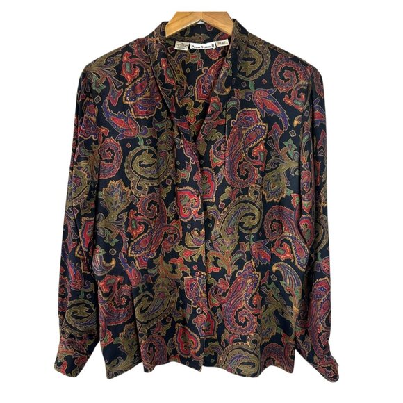 Anne Klein II Wool Silk Paisley Blouse Black Jewel-Tone Button Front Top Size 12 - Picture 2 of 6